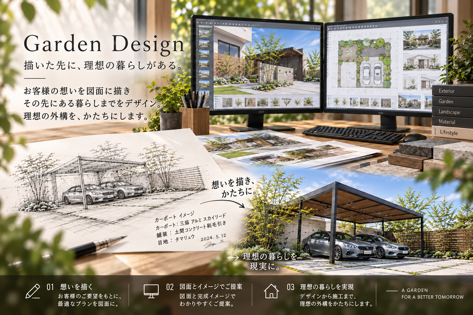 図面と完成イメージを使って理想の庭と外構を提案するガーデンデザイン